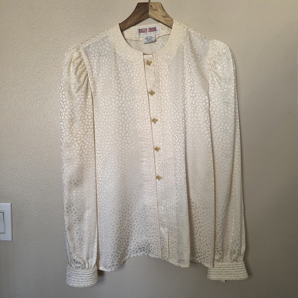 Vintage 100% Silk Maggy London Ivory Textured Long-Sleeve Blouse Womens Size 6